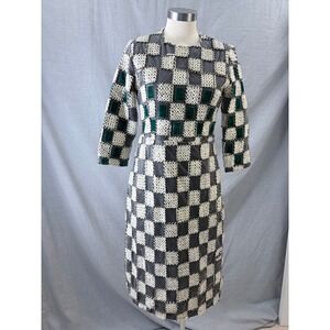 Sara Navon Womens Grey Cream Checkered Velvet Accent Sheath Midi Dress Small